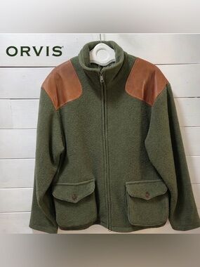ORVIS Green Wool Jacket with Leather Shoulder Patches – Size L